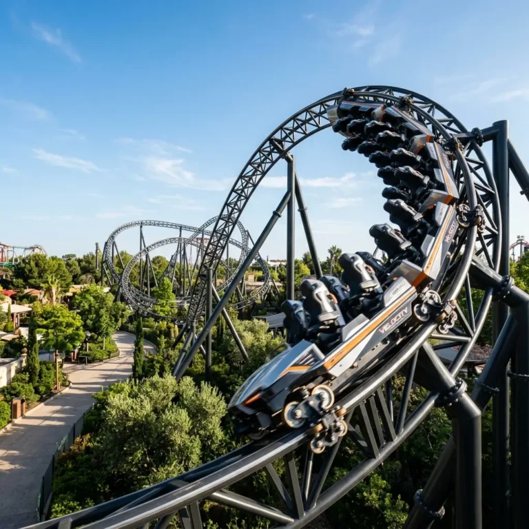 A modern multi-launch steel roller coaster train speeding along a winding track under blue skies