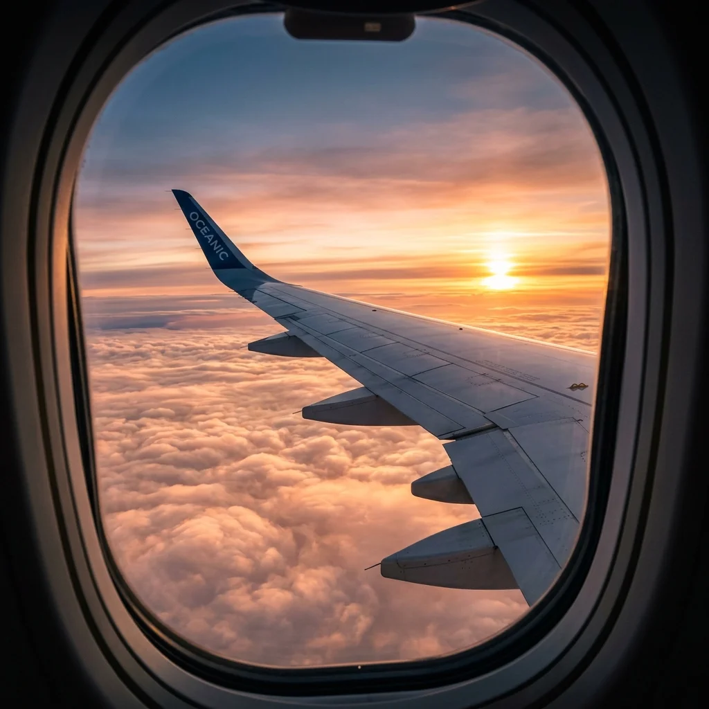 Best time to book flights and airplane window view of sunset