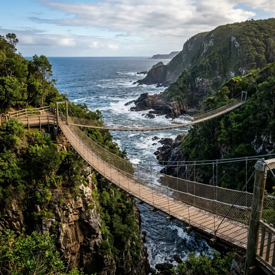 Wooden suspension bridge spanning deep green river canyon in Tsitsikamma South Africa