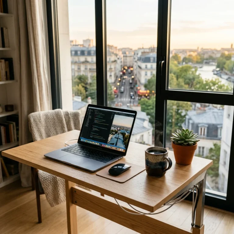 Sleek modern standing desk setup with laptop, succulent, and coffee by a window