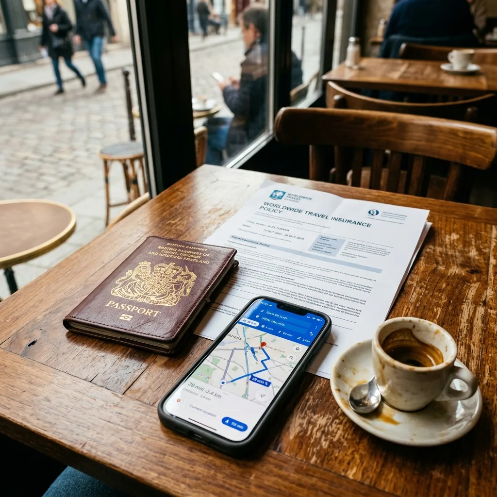 Leather passport holder placed beside printed travel insurance documents and digital smartphone map