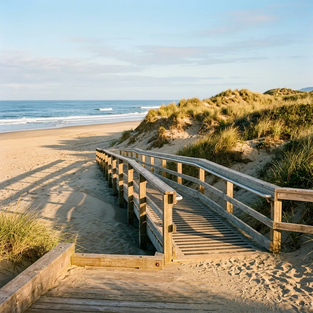 Wooden boardwalk ramp leading down to a wide sandy beach for stroller access