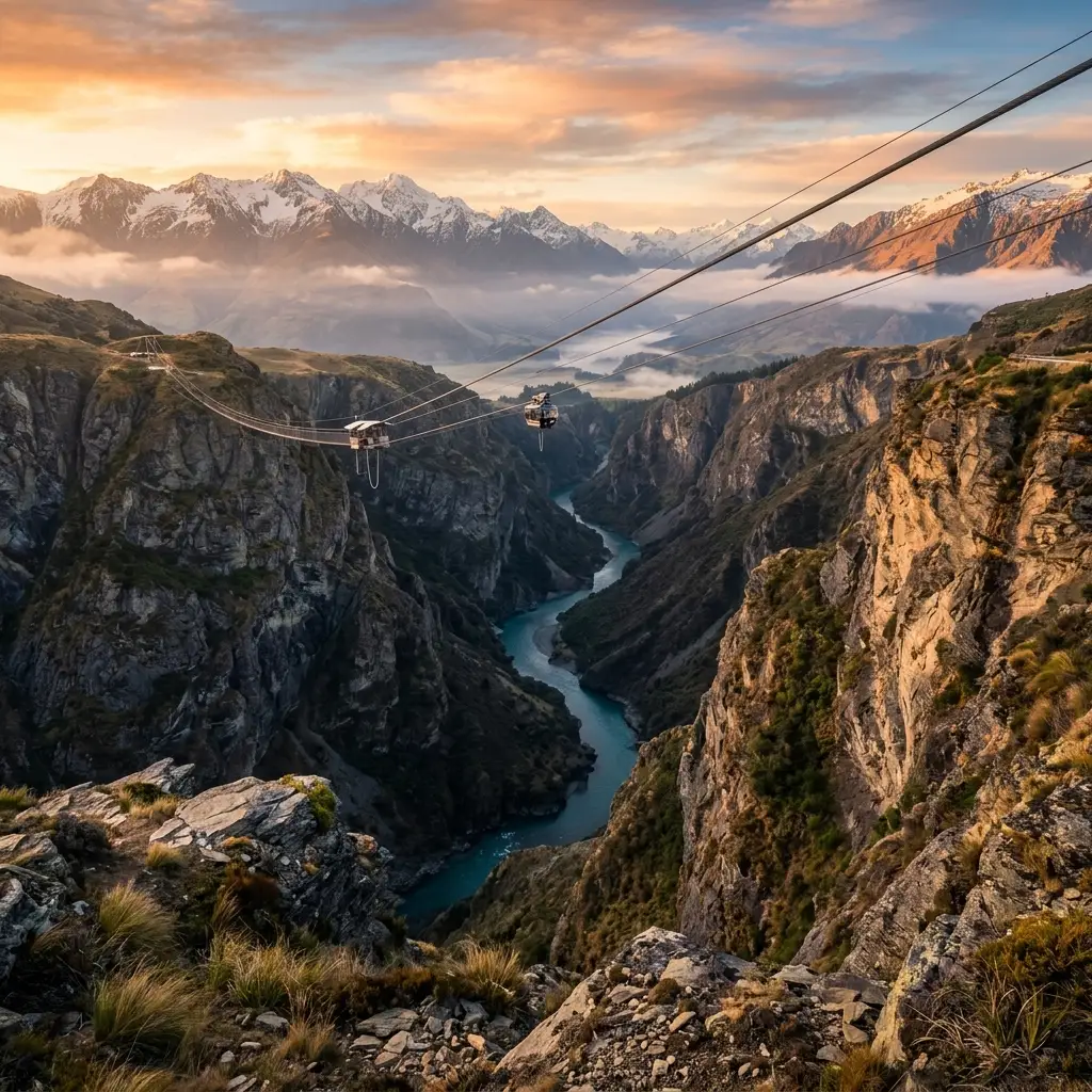 Scenic Nevis river canyon in Queenstown New Zealand with suspended steel cables and misty mountains