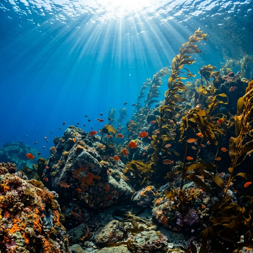 Clear turquoise oceanic water with submerged rock reefs off the remote Neptune Islands