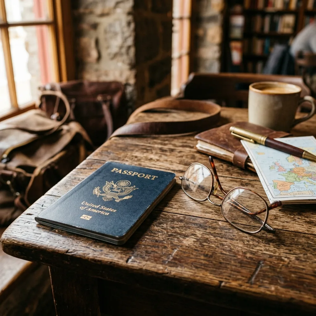 Physical passport booklet resting on rustic wooden desk next to reading glasses