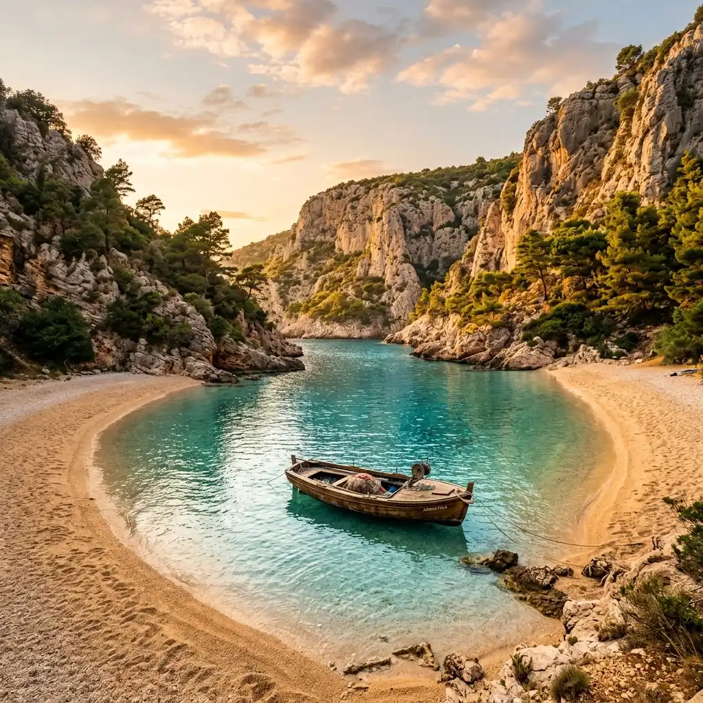 Pristine white sand beach with thatched sun umbrellas and turquoise waters along Albanian Riviera