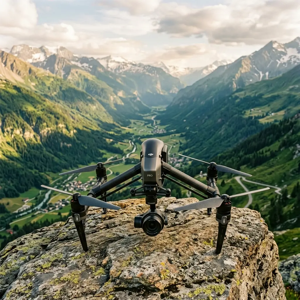Compact camera drone resting on rocky mountain ridge overlooking scenic green valley