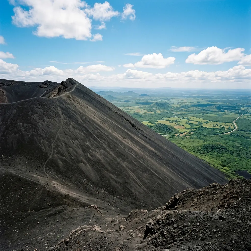 Steep black volcanic ash slopes of Cerro Negro volcano in Nicaragua under open skies