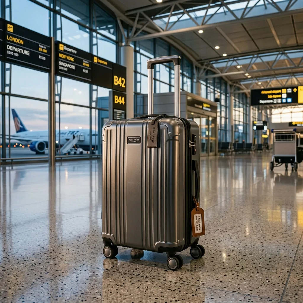 Hard-shell four-wheel spinner carry-on luggage suitcase standing on polished airport terminal floor