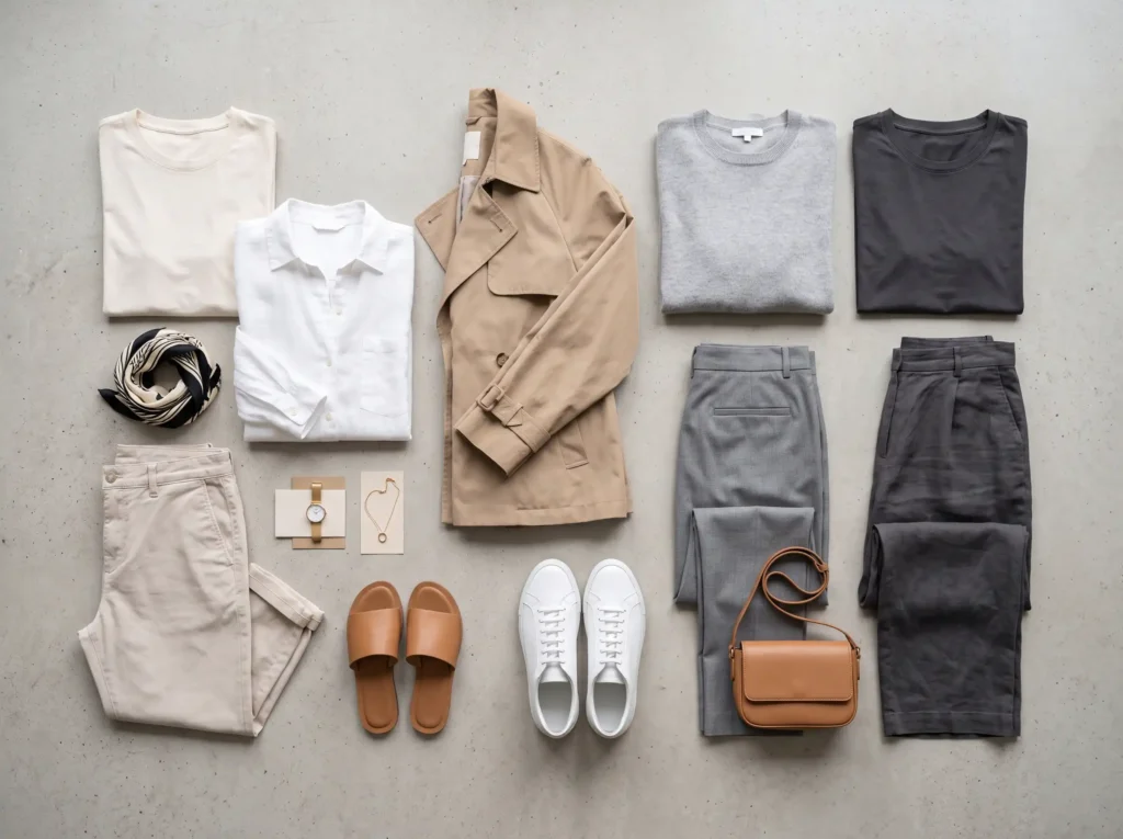 Minimalist neutral color travel capsule wardrobe neatly laid out on white bedroom bedspread