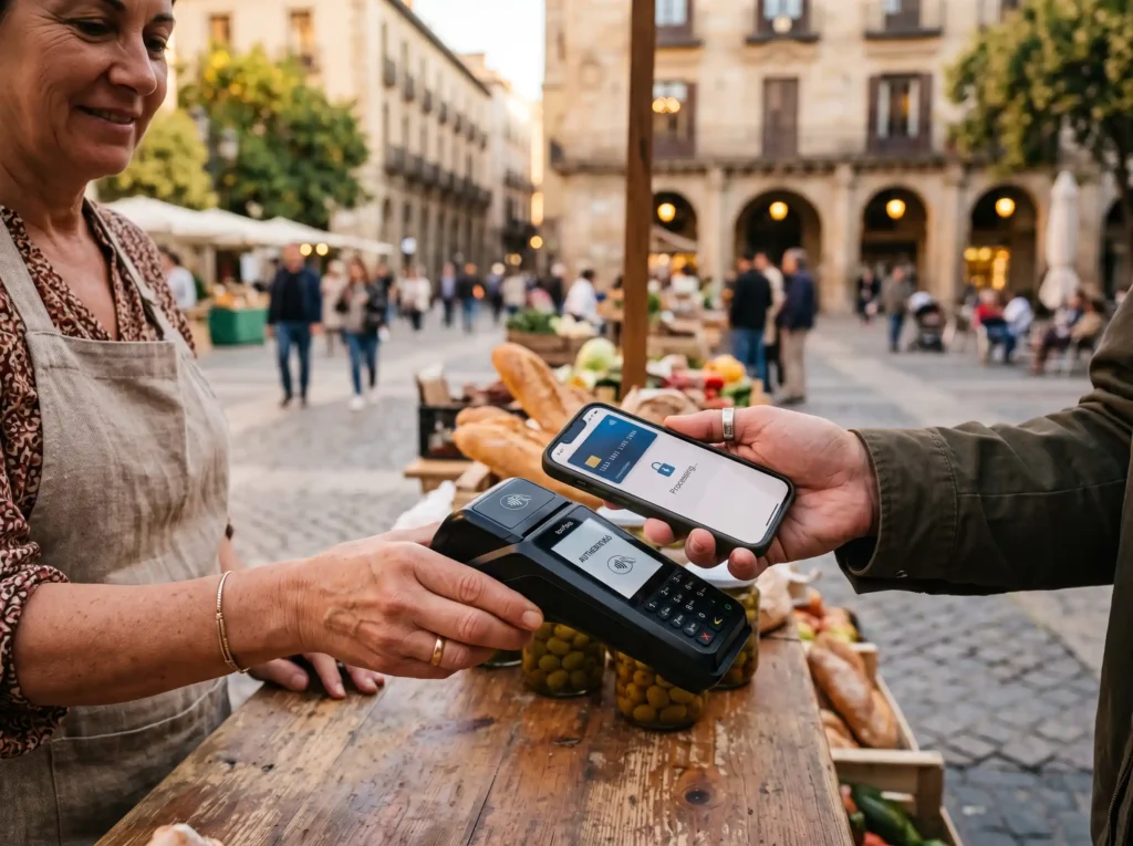 Customer completing mobile contactless payment transaction on card terminal at modern outdoor cafe