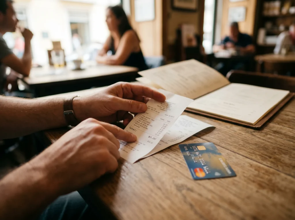 Customer reviewing printed restaurant payment bill receipt before processing credit card transaction in Córdoba