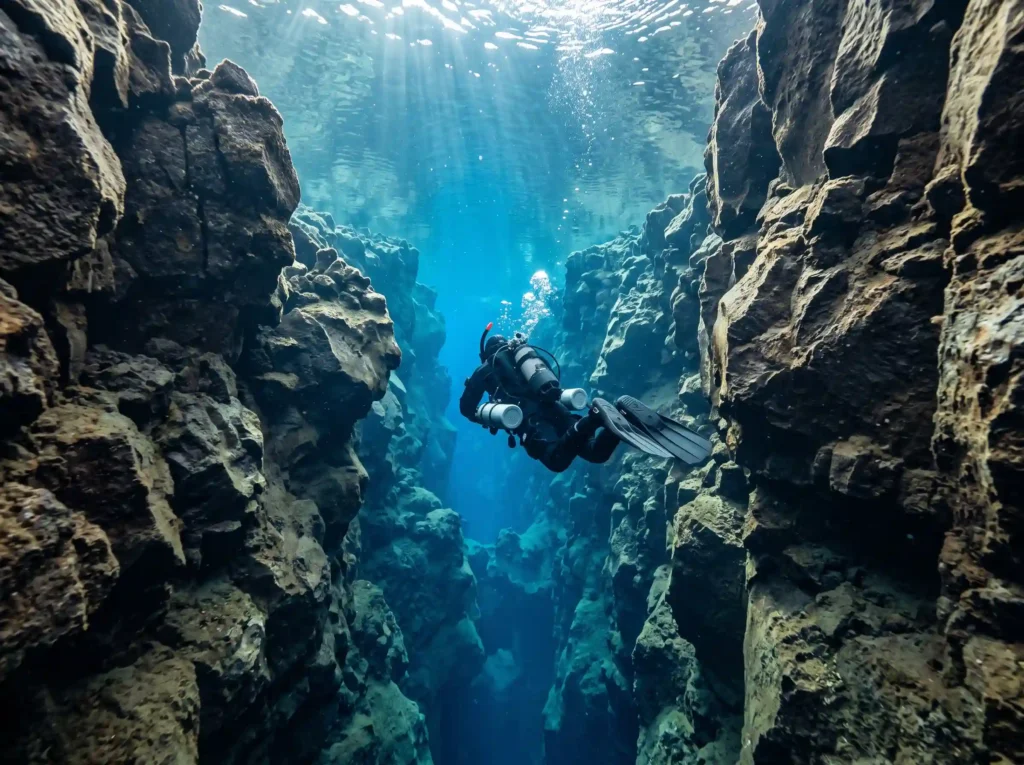 Drysuit diver swimming through crystal clear glacial waters in the Arctic Silfra fissure