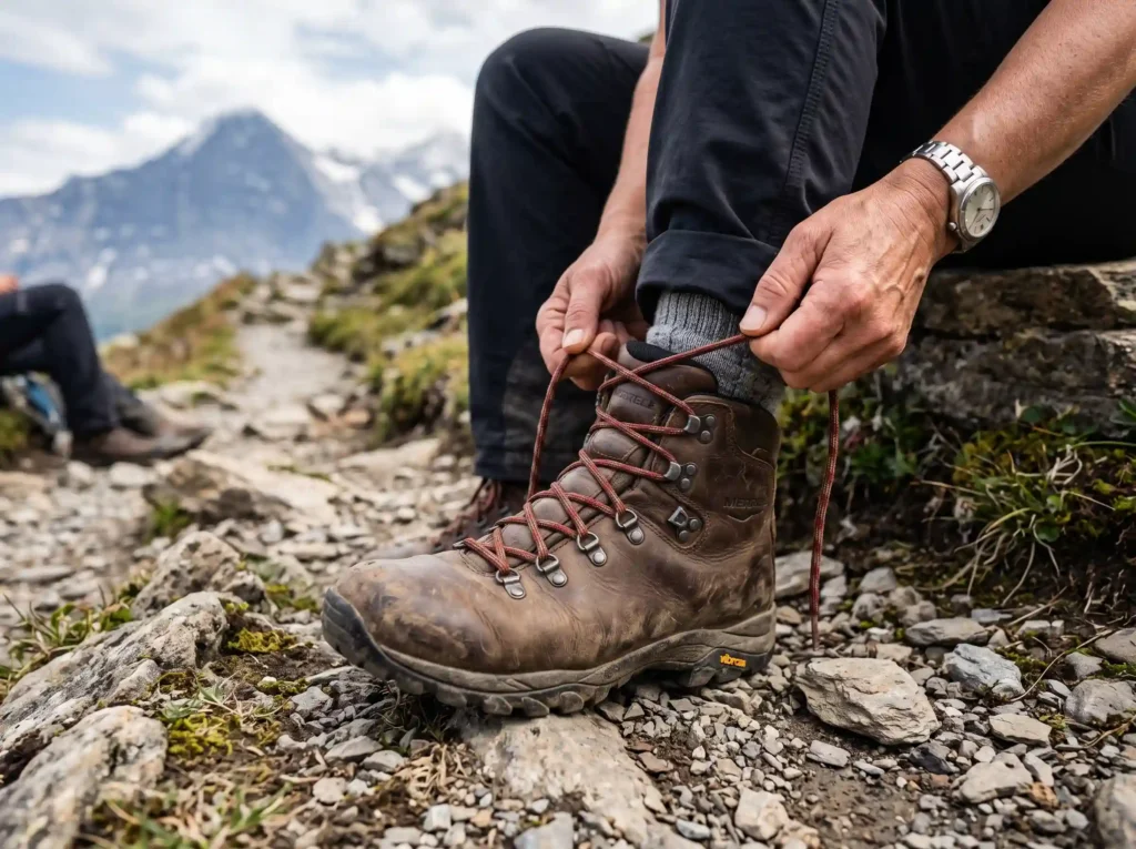 Backpacker breaking in sturdy leather trekking boots on rocky scenic ridge overlooking high peaks