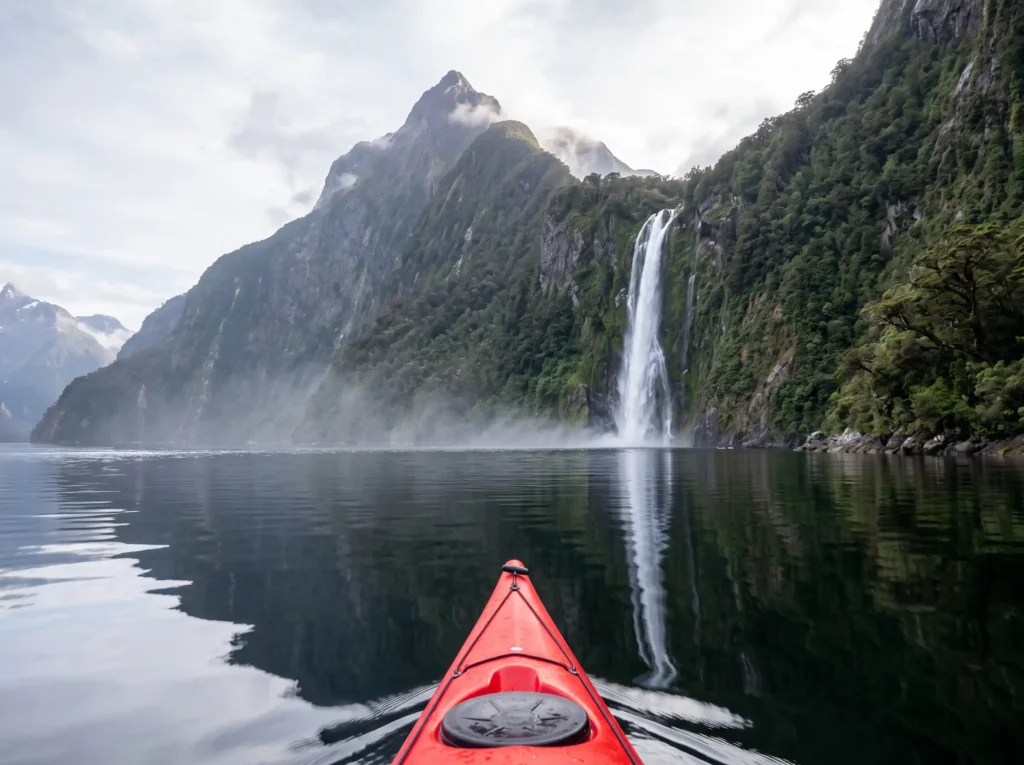 Single sea kayak paddling across deep blue waters beneath soaring Fiordland cliffs