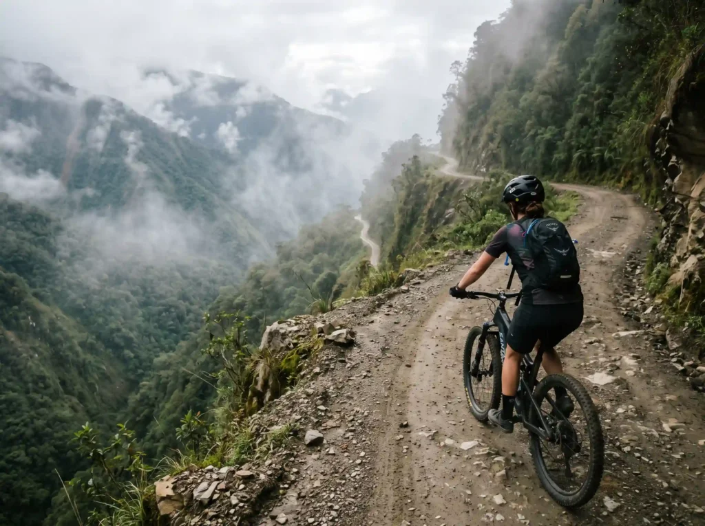 Mountain cyclist descending steep winding gravel trail along rugged cliffs of Death Road Bolivia