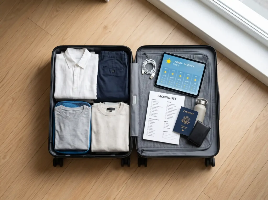 Fabric compression packing cubes and travel gear organized inside structured rolling luggage bag