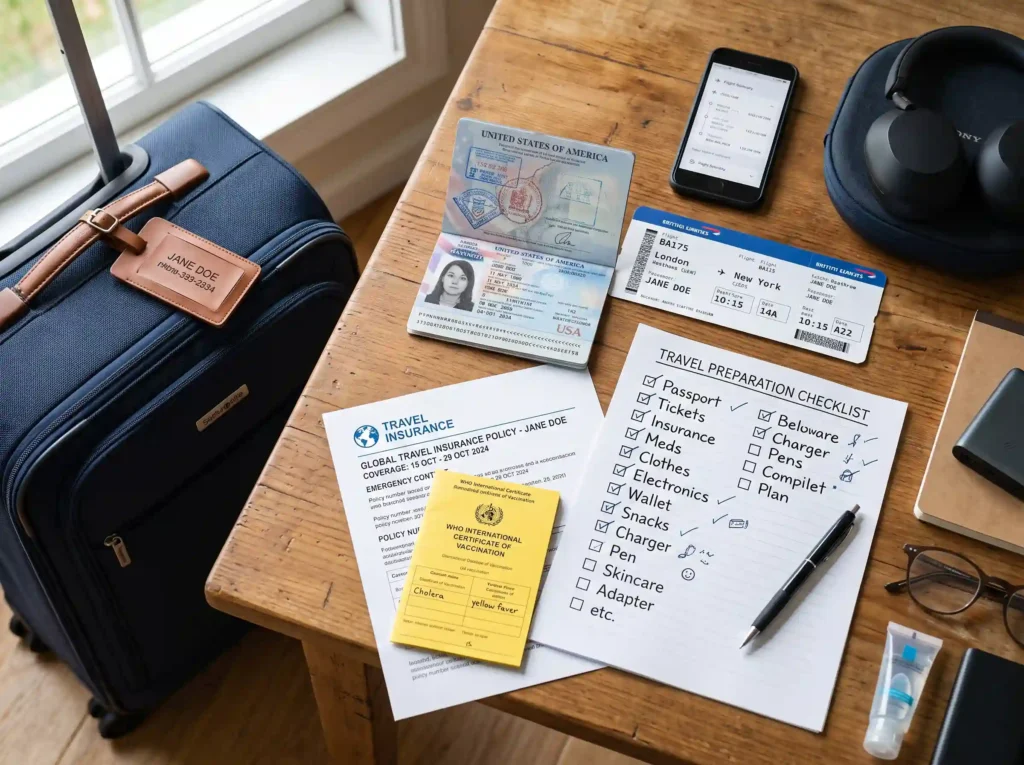 Neatly packed travel medical kit, international passport, and foreign currency resting on table