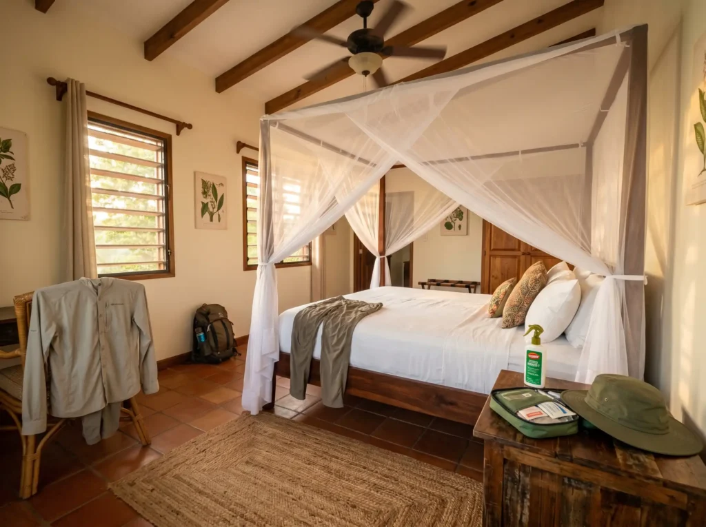 White fine mesh mosquito insect net suspended over bedroom mattress in tropical accommodation