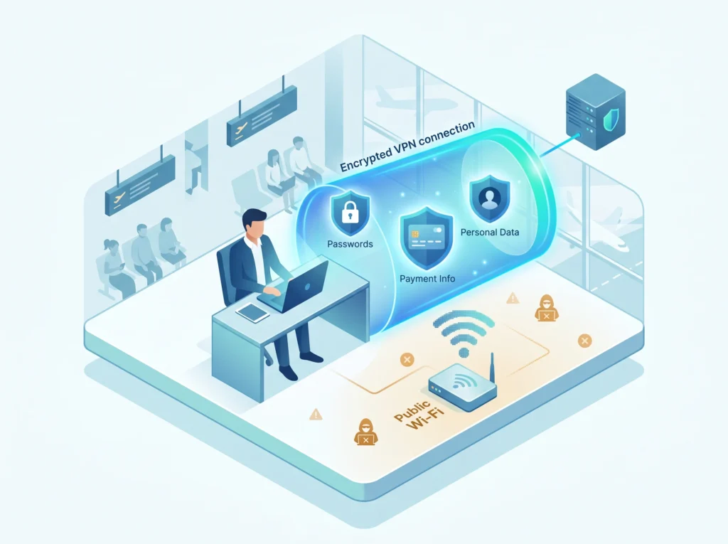 Smartphone displaying secure encrypted virtual private network shield graphic on public wireless connection