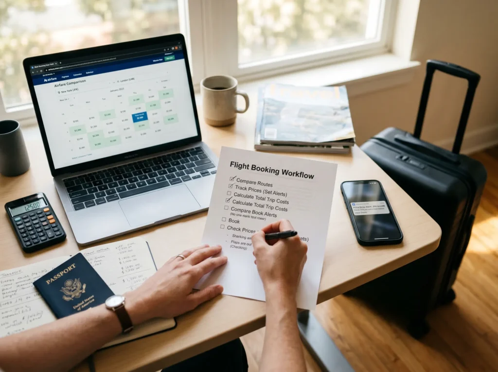 Structured step-by-step flight booking workflow graphic showing smart reservation stages for travelers