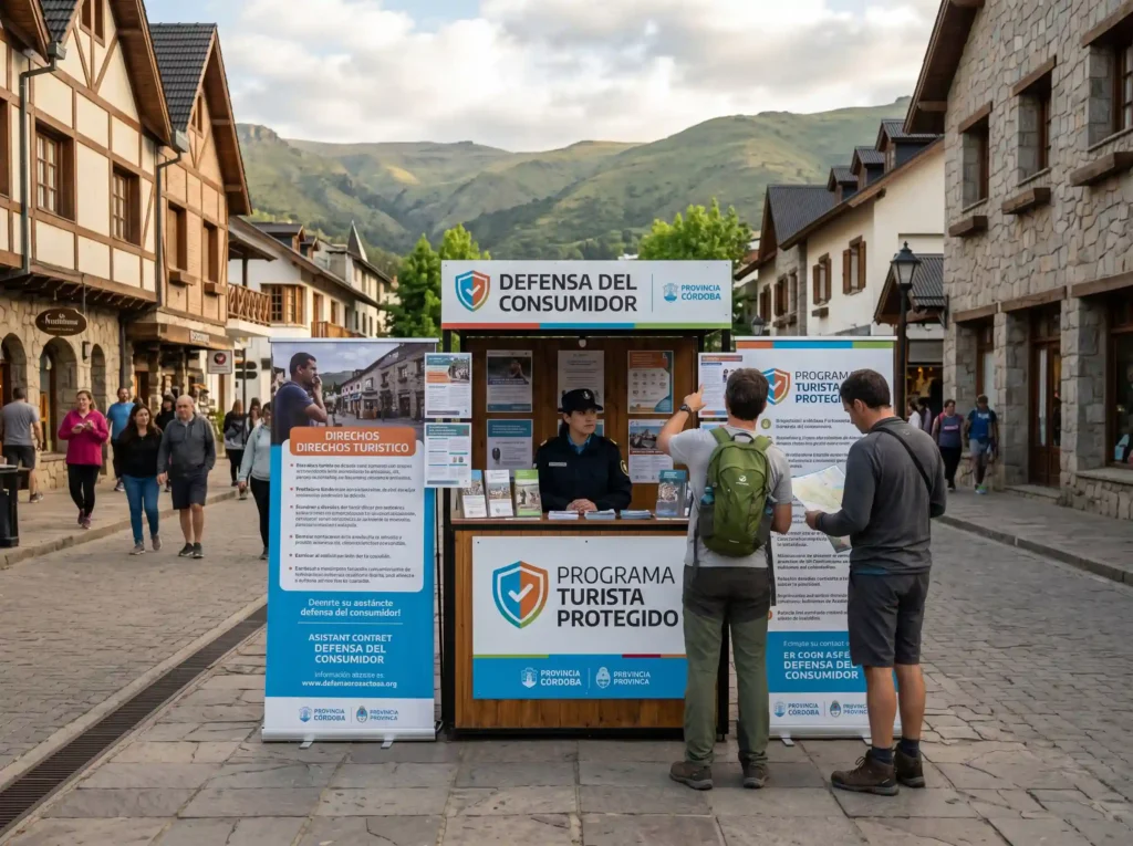 Tourist receiving consumer protection guidance brochure from local official at travel information kiosk