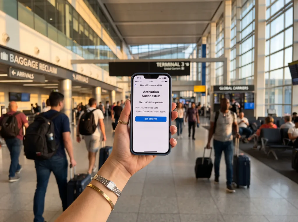 Traveler holding smartphone displaying digital offline navigation map along European cobblestone city street