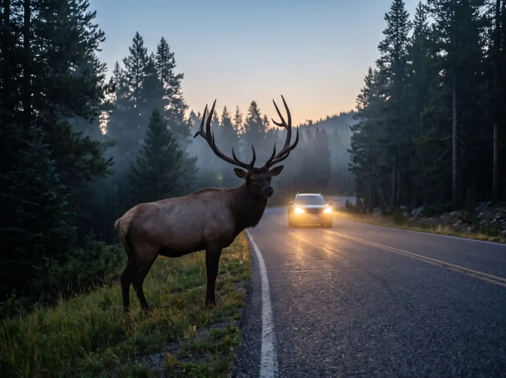 Wild bull elk standing alert along scenic mountain pine forest roadside in Canadian Rockies