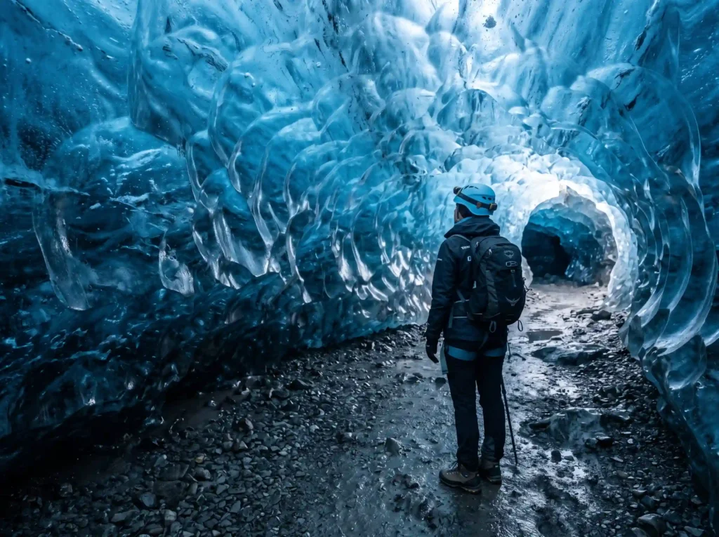 Explorer standing inside a brilliant blue glacial ice cave in Vatnajökull Iceland
