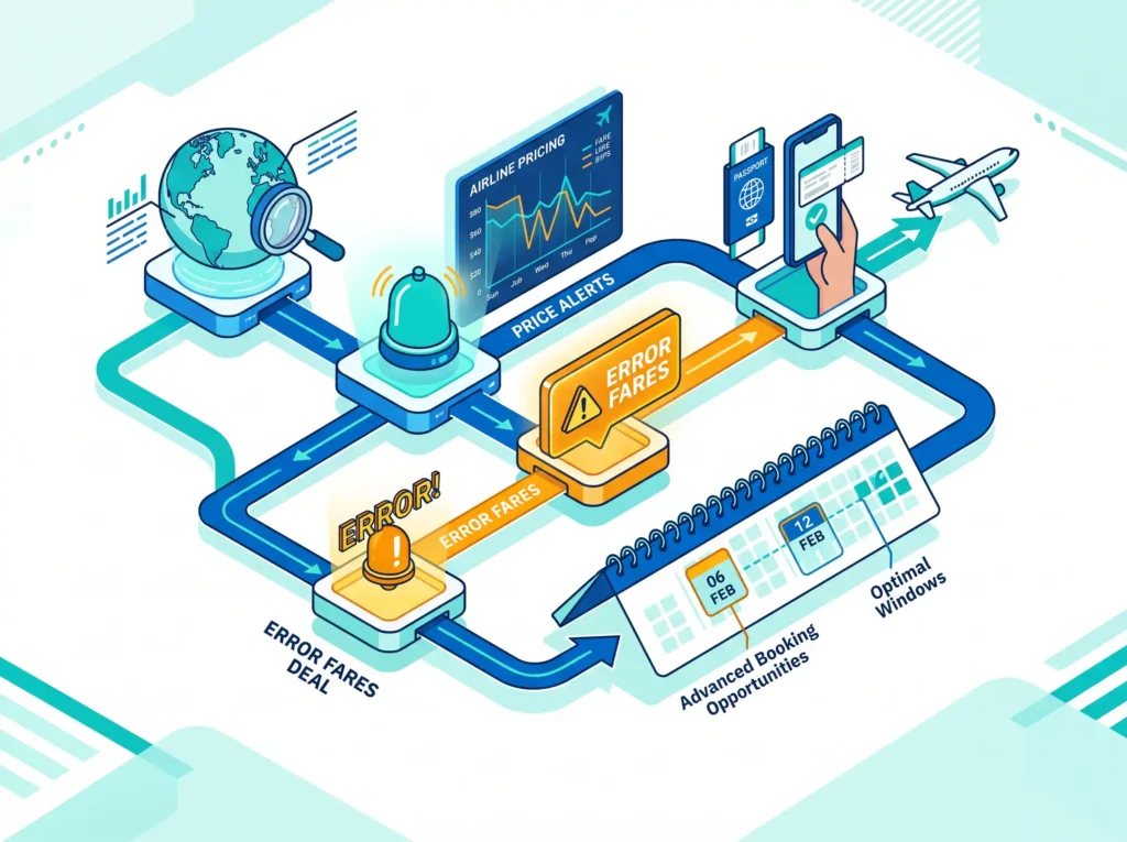 Digital illustration depicting flight price tracking charts and automated airline fare alert notifications