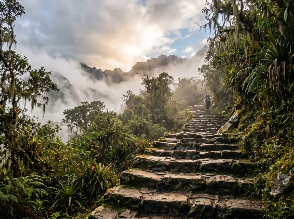 Ancient Inca stone steps climbing steeply through misty green cloud forest in Andes mountains