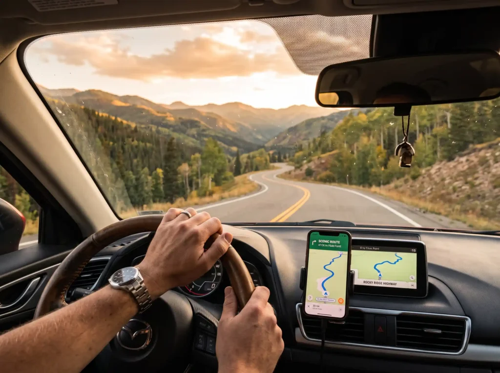 Driver hands gripping steering wheel on wide open desert highway under clear sunny skies