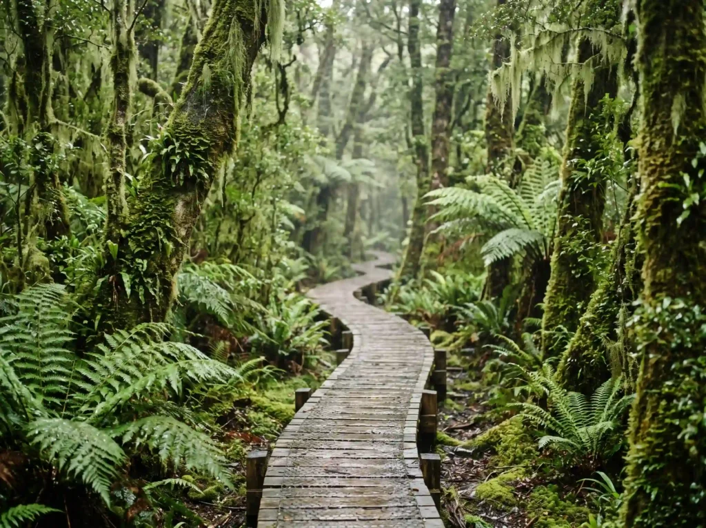 Lush green ferns and moss covered beech trees lining quiet rainforest trail in Fiordland