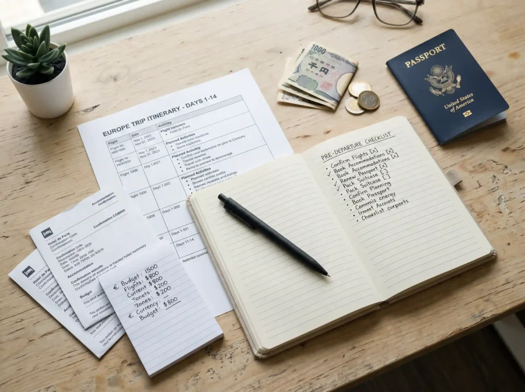 Passports, boarding passes, currency notes, and medication blister packs arranged for travel departure