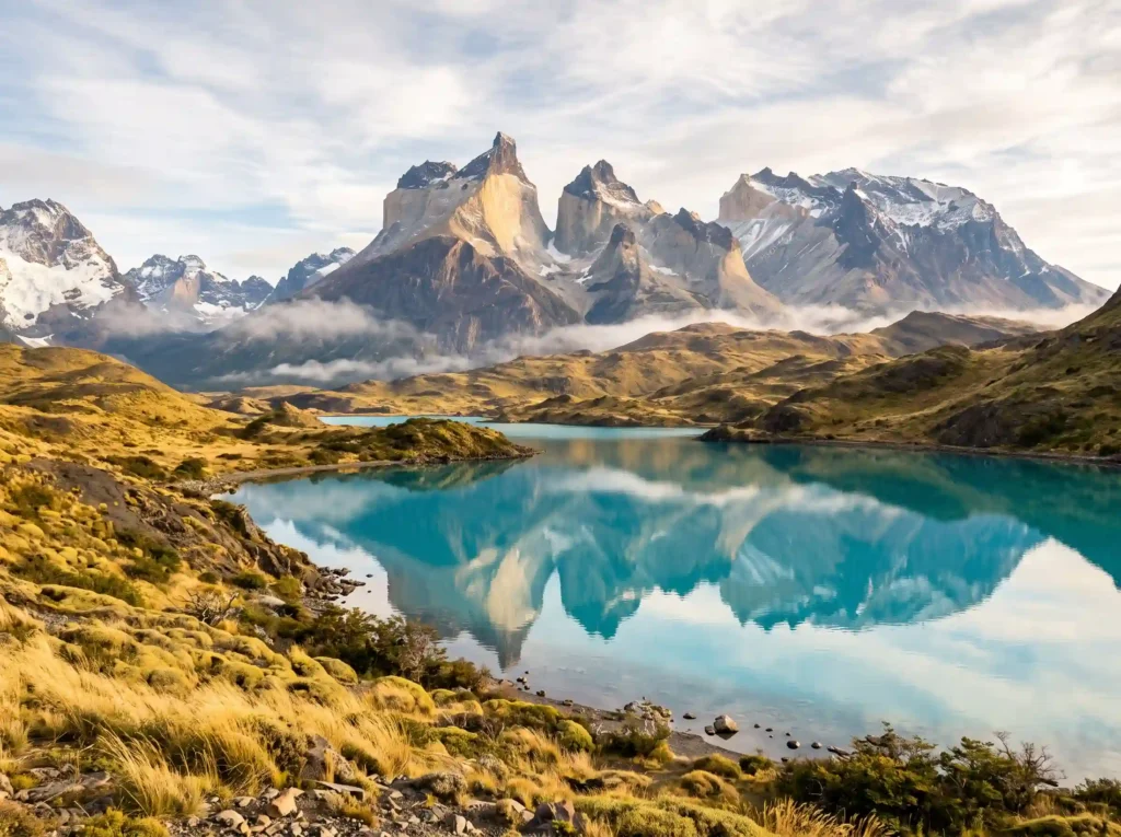 Soaring granite towers of Torres del Paine reflected in calm glacial lake waters
