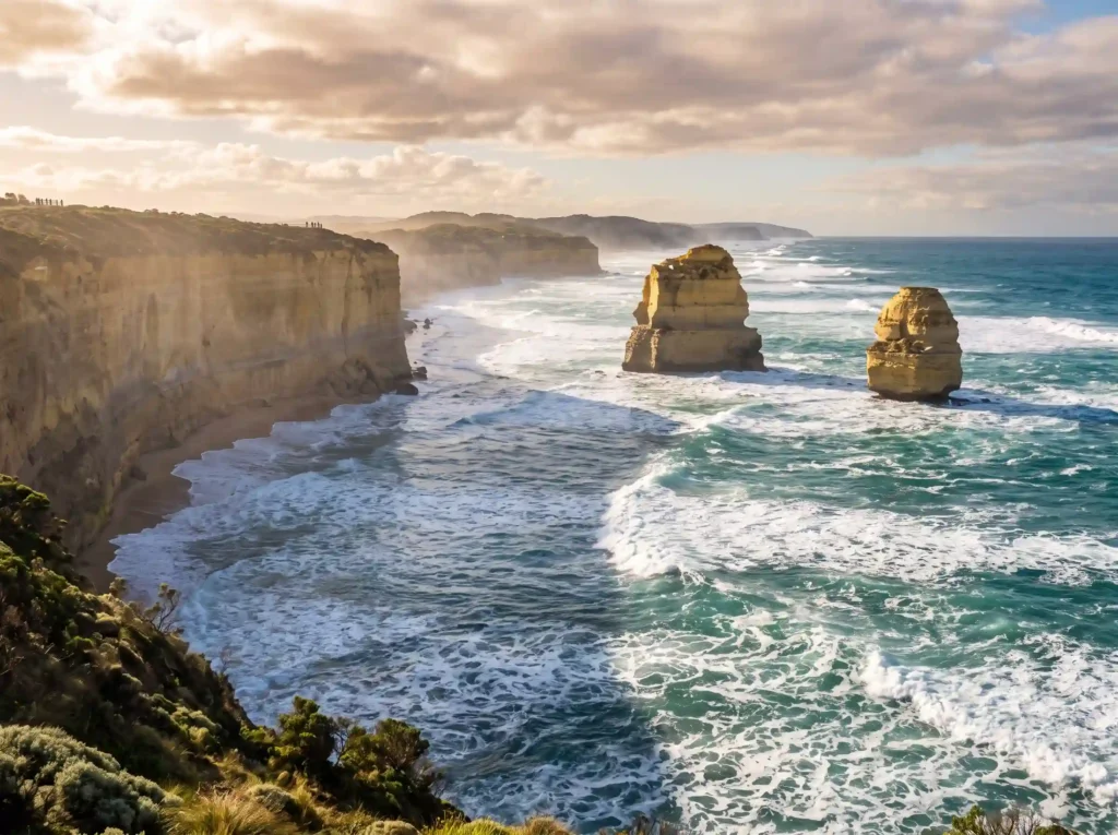 Dramatic limestone sea stacks of the Twelve Apostles rising from Southern Ocean surf Australia