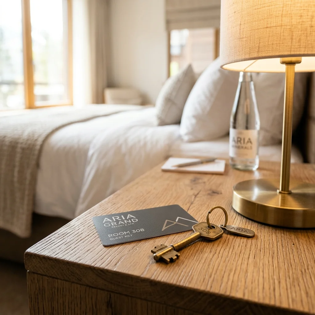 Electronic hotel room keycard and brass room key resting on clean wooden nightstand