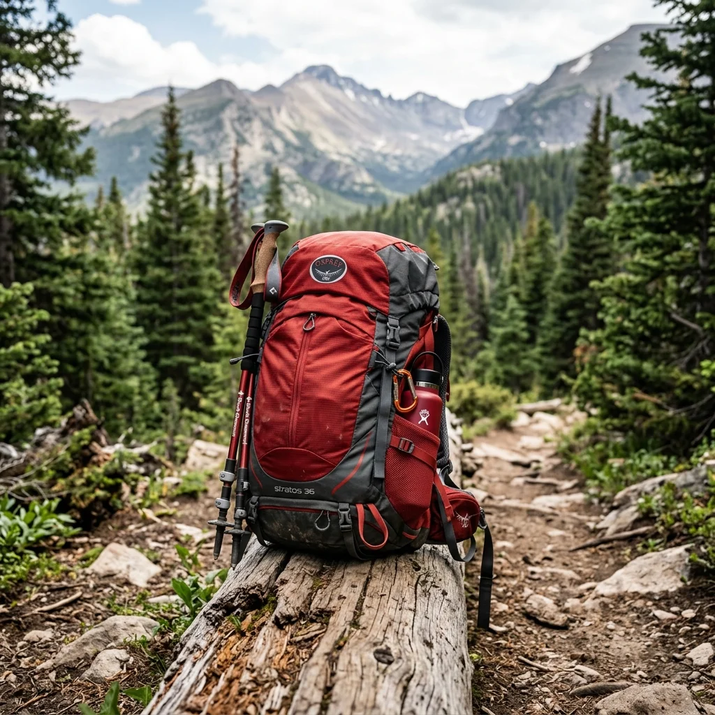 Hiker enjoying quiet mountain sunset while resting on wooden porch of rustic wilderness cabin