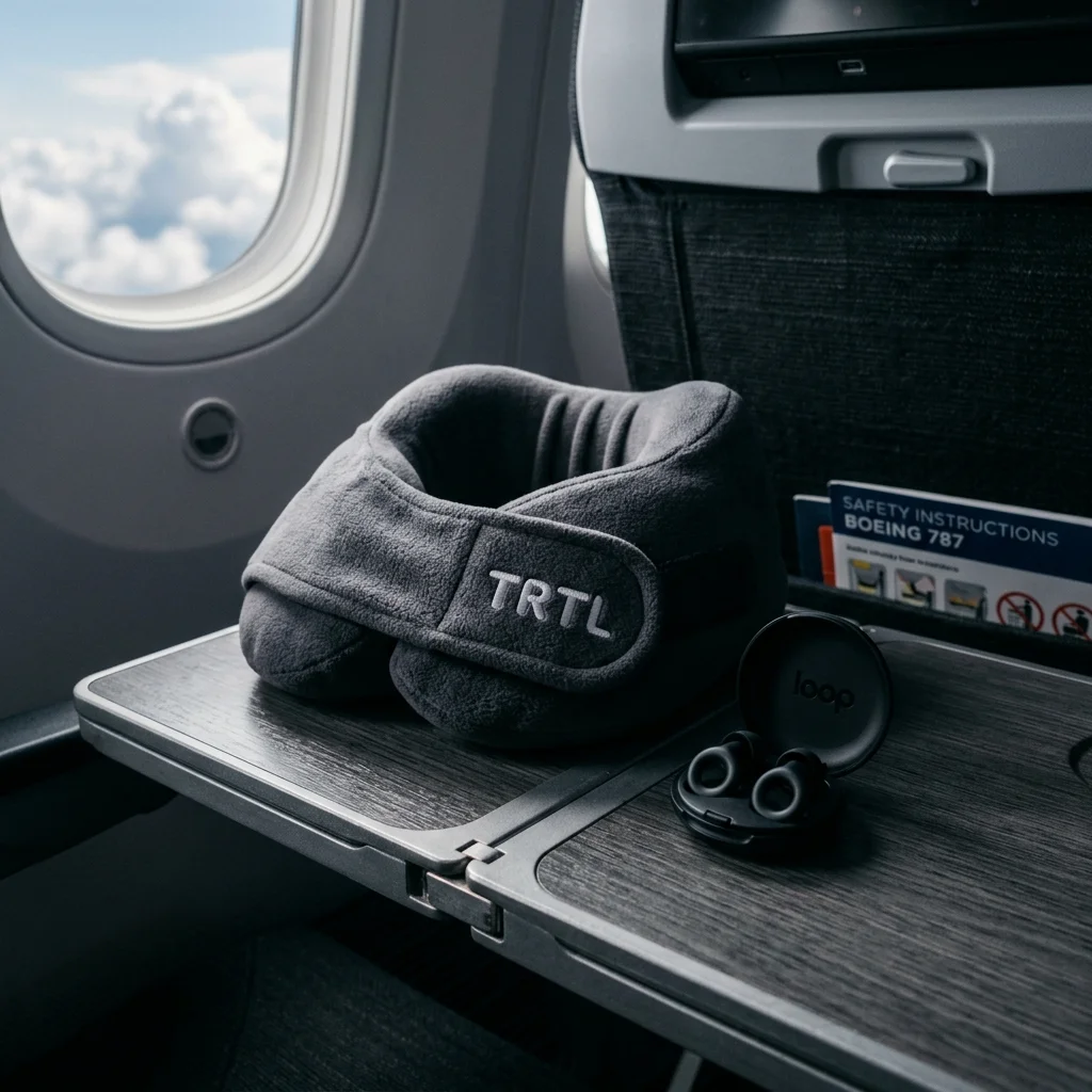 A sleek TRTL wrap-around neck travel pillow and a pair of loop earplugs resting on a airplane seat tray table.