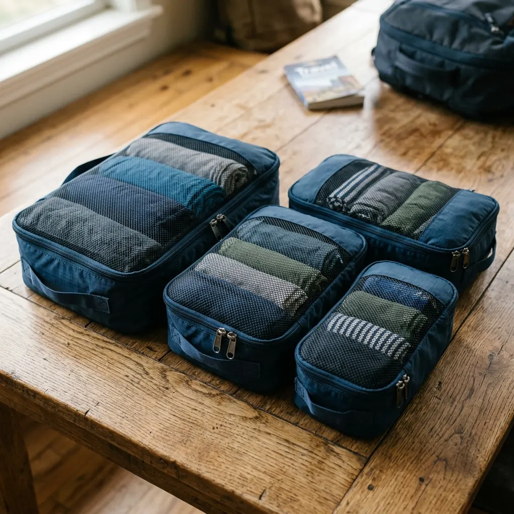 Set of fabric compression packing cubes neatly packed with rolled clothing garments