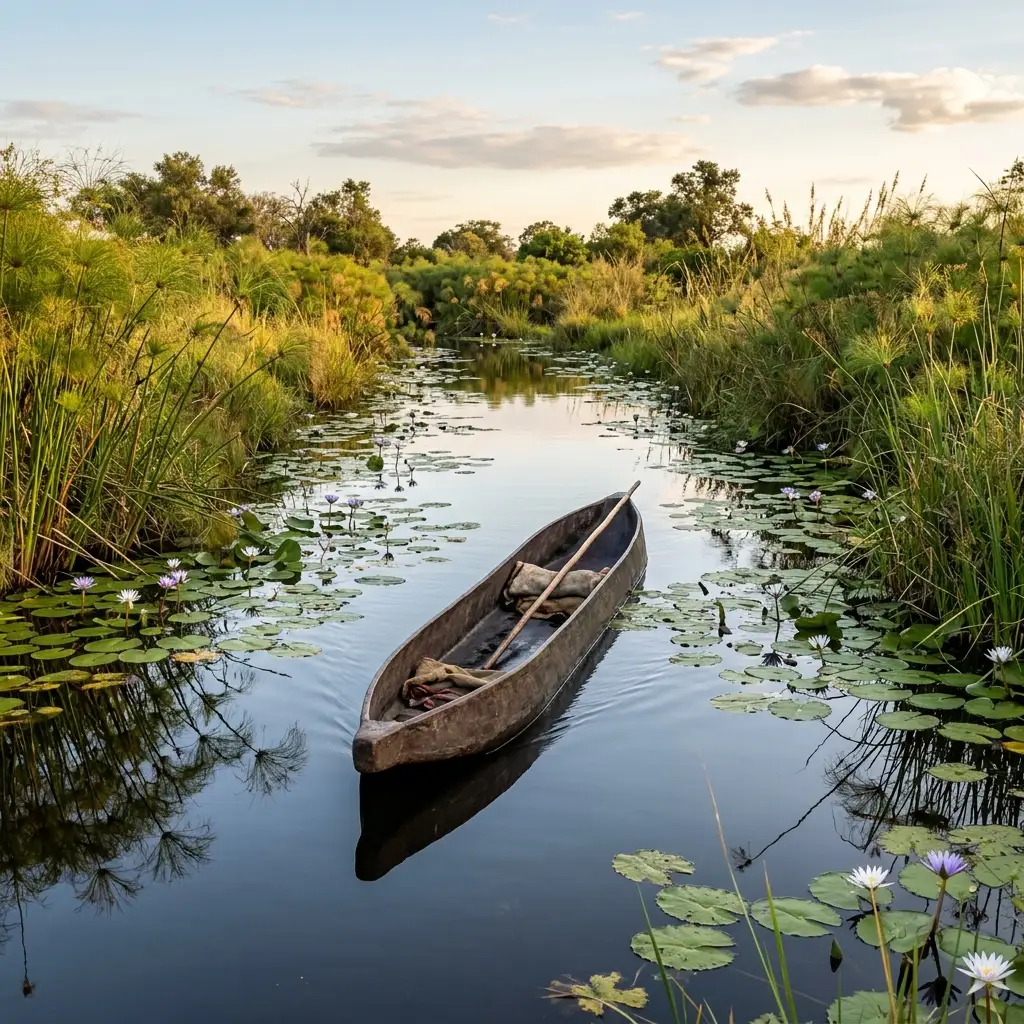 Traditional wooden mokoro canoe steered through clear lily covered waters of Okavango Delta