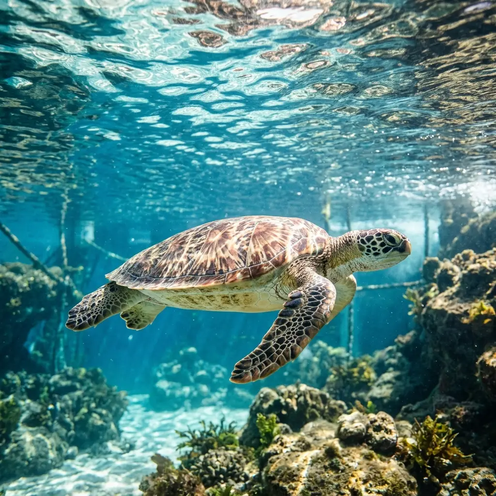 Green sea turtle swimming gracefully in sunlit rehabilitation pool at Florida Keys hospital
