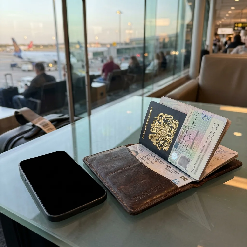 Leather passport cover and travel visa documents placed beside modern smartphone