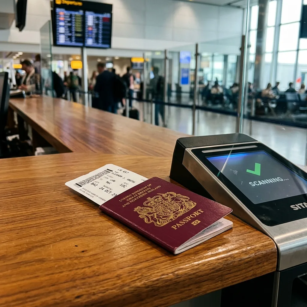 Printed boarding pass inside passport lying on wooden counter near electronic scanner