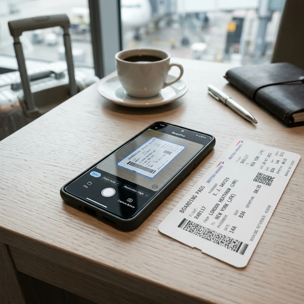 Modern smartphone displaying document scanning application screen beside printed flight ticket