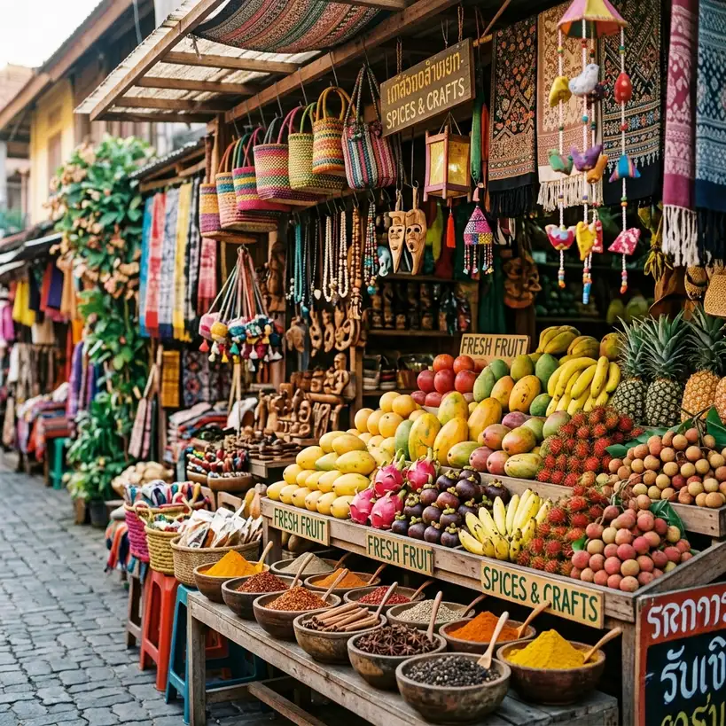 Colorful outdoor fresh food market stall displaying stacks of tropical fruits and spices