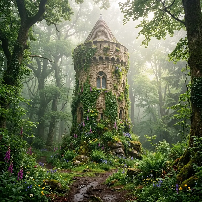 Medieval stone tower surrounded by ivy and dense green forest trees in Japan