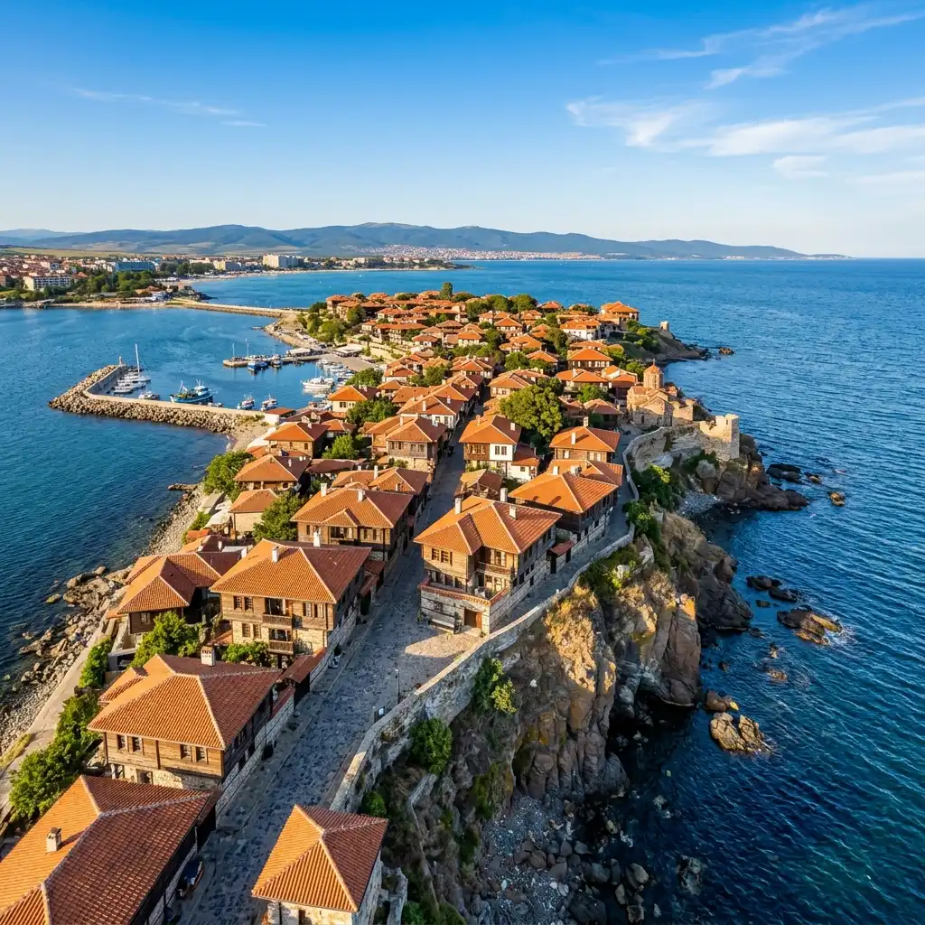The historic old town of Nessebar, Bulgaria, showcasing ancient wooden buildings surrounded by the Black Sea