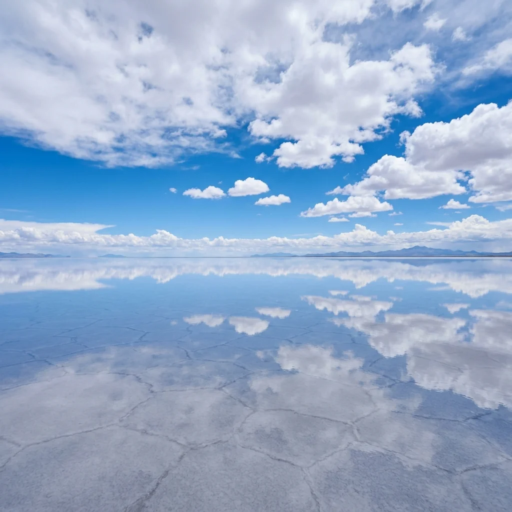 Vast white salt flats of Salar de Uyuni reflecting brilliant blue skies in Bolivia