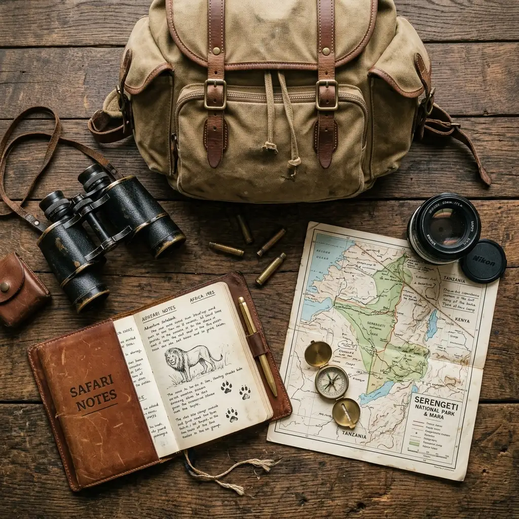Field binoculars telephoto camera lens and leather field journal on rustic wooden safari table
